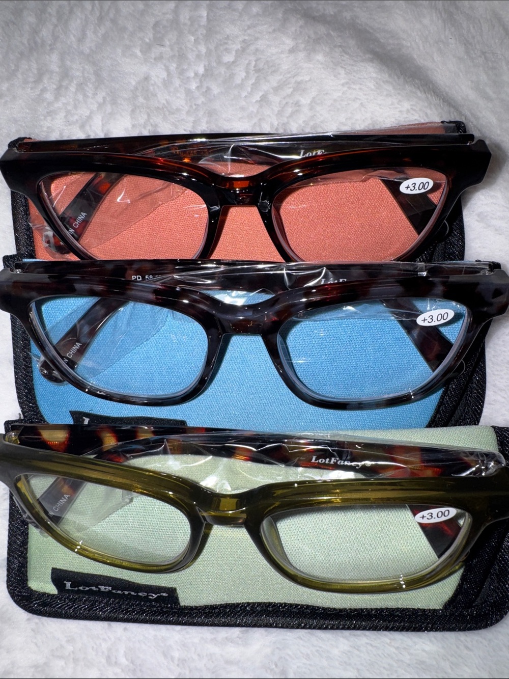 READING GLASSES with 3 Soft Fabric Eyeglass Sleeves in Coral, Sky Blue & Sage